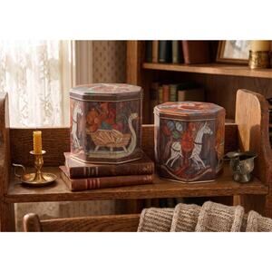 Vintage Hexagonal Nesting Christmas Tins Toy Shop Theme Holiday Decor Set